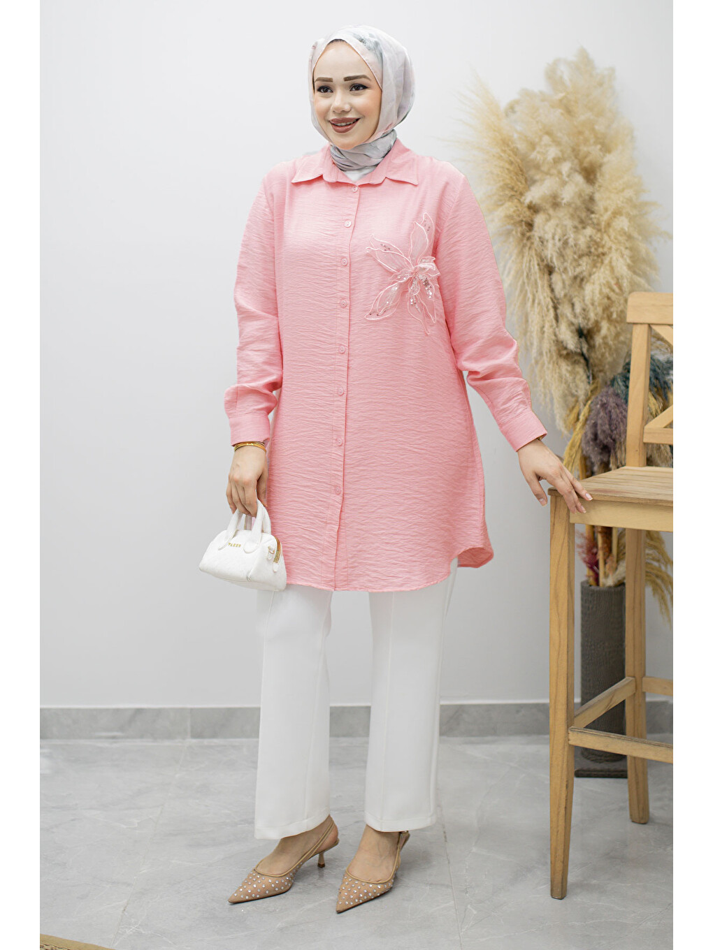Çiçek Detaylı Gömlek TSD260193 Pembe-4