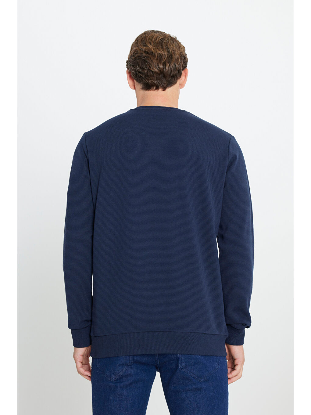 Erkek Lacivert 2 İplik Sıcak Tutan Standart Fit Normal Kesim Bisiklet Yaka Dokulu Sweatshirt-4