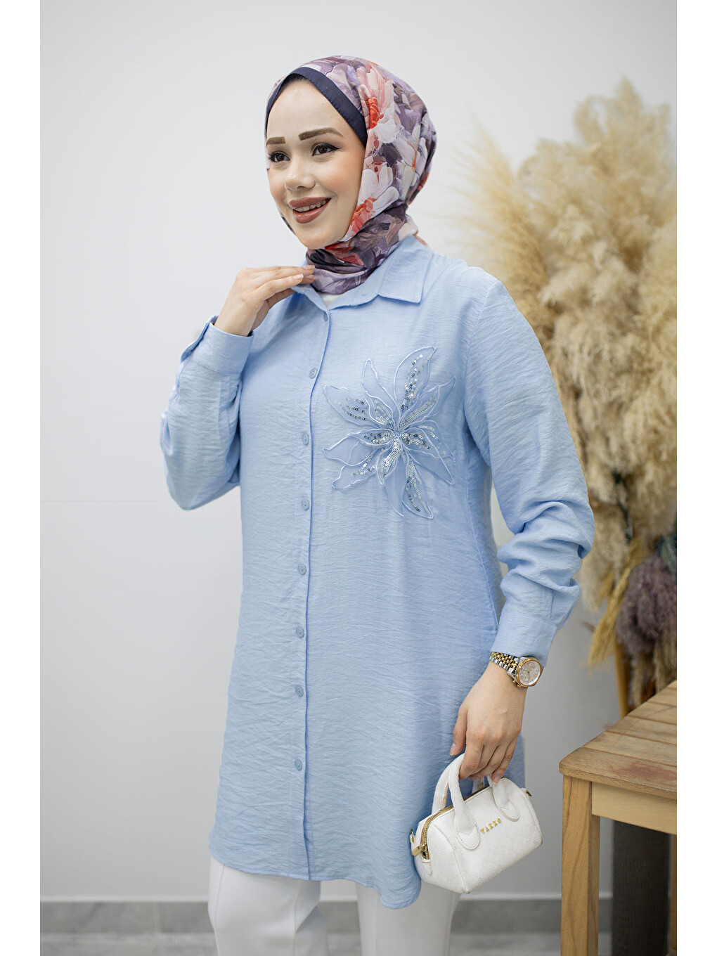Çiçek Detaylı Gömlek TSD260193 Bebe Mavisi-1