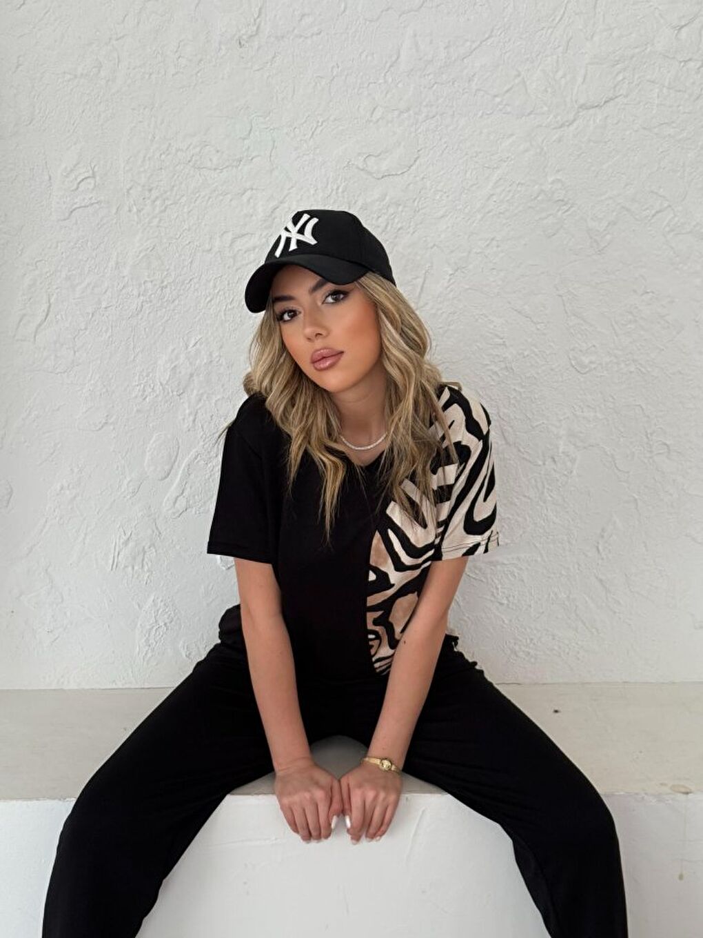 Siyah Kadın Bisiklet Yaka Kısa Kol Leopar Desen Bluz Ve Pantolon Ikili Takım-2