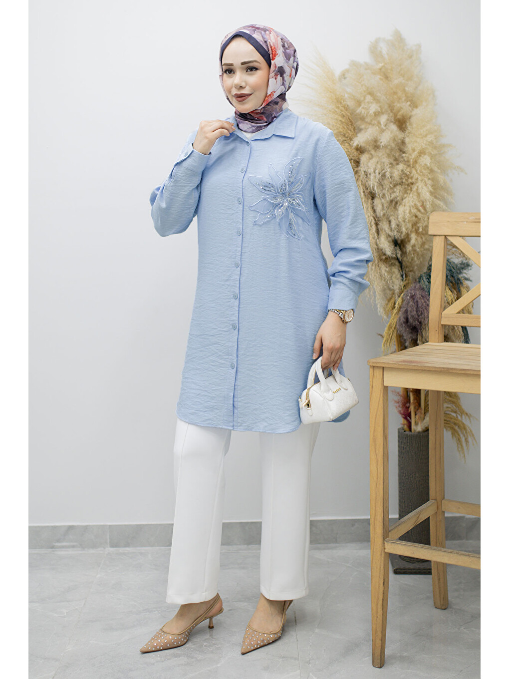Çiçek Detaylı Gömlek TSD260193 Bebe Mavisi-2