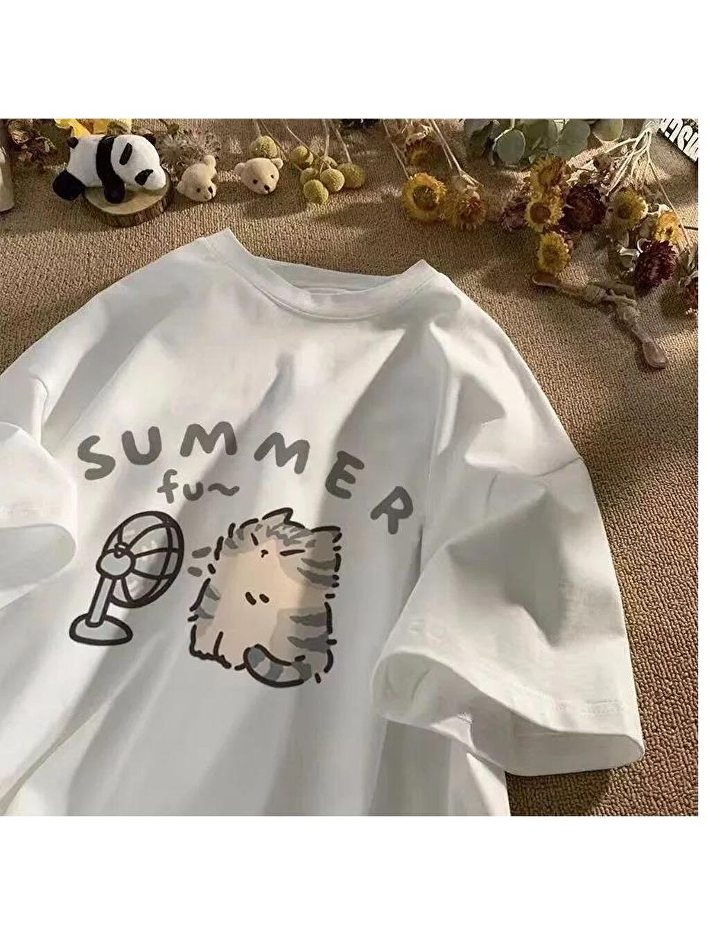 Touz Moda Beyaz Summer Cat Baskılı Beyaz Unisex Oversize T-shirt