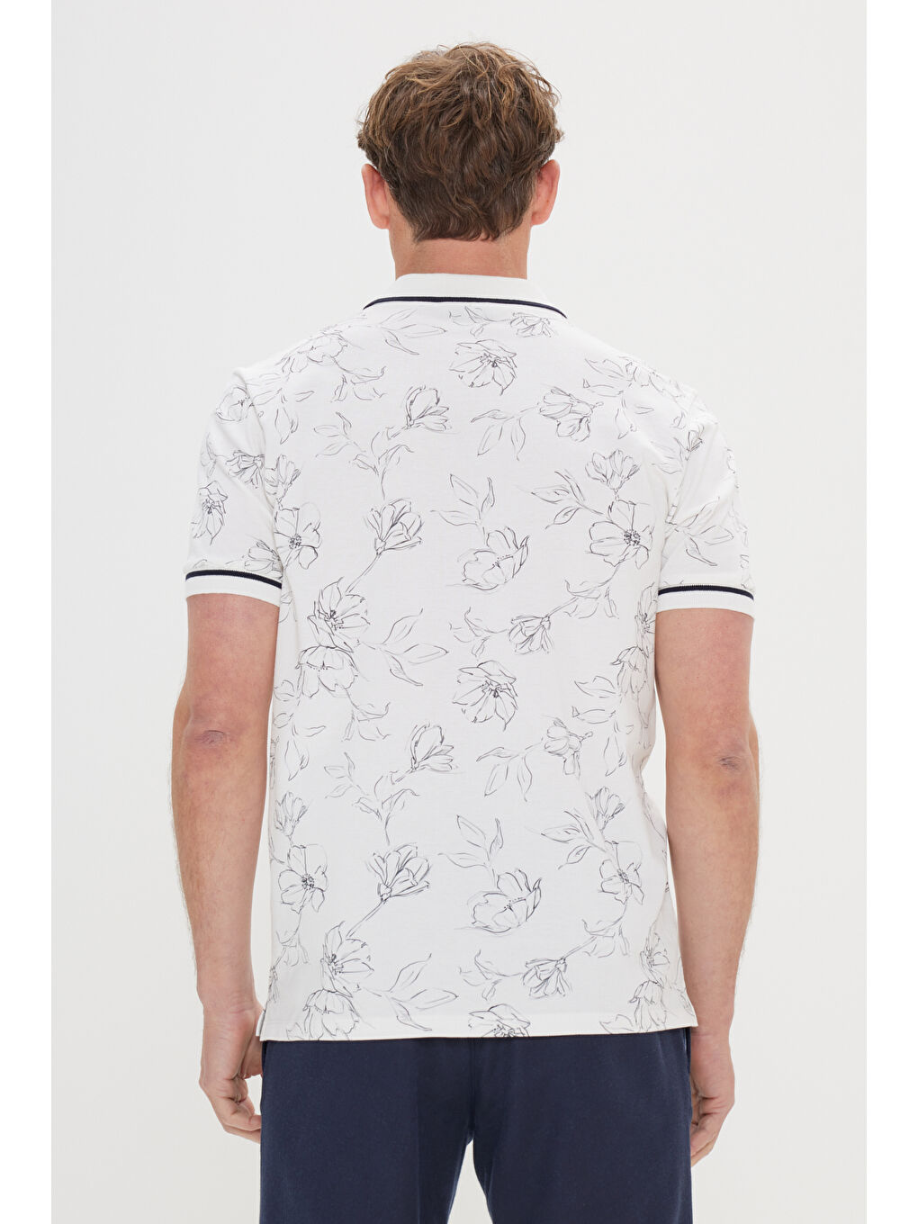 Erkek Beyaz-Lacivert Slim Fit Dar Kesim %100 Pamuk Çiçek Baskılı Polo Yaka Tişört-4