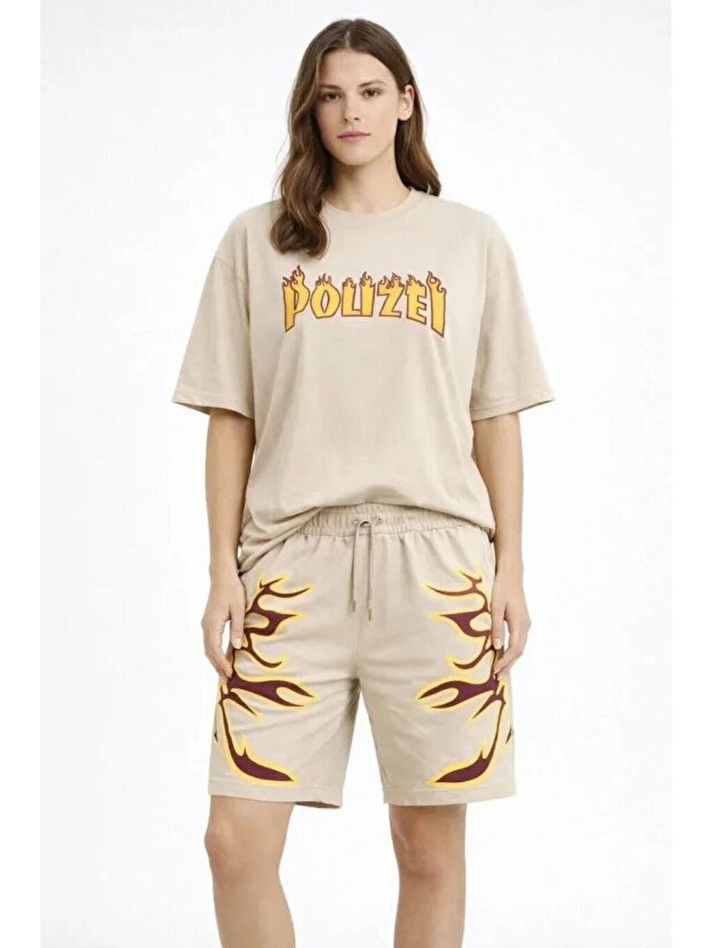 Bej Oversize Baskılı Tişört Şort Takım Cepli Şort Yazlık Rahat Günlük Kombin - Bej