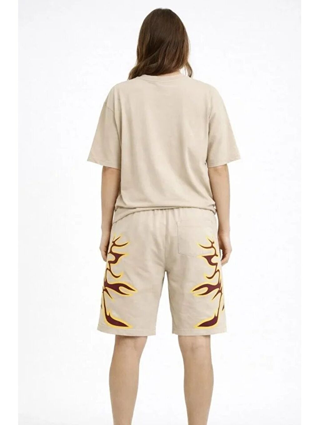 Bej Oversize Baskılı Tişört Şort Takım Cepli Şort Yazlık Rahat Günlük Kombin - Bej-1