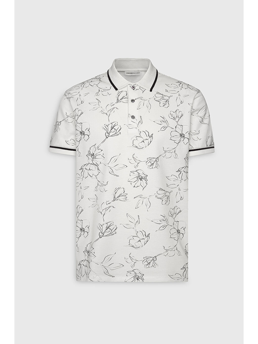 Erkek Beyaz-Lacivert Slim Fit Dar Kesim %100 Pamuk Çiçek Baskılı Polo Yaka Tişört-5