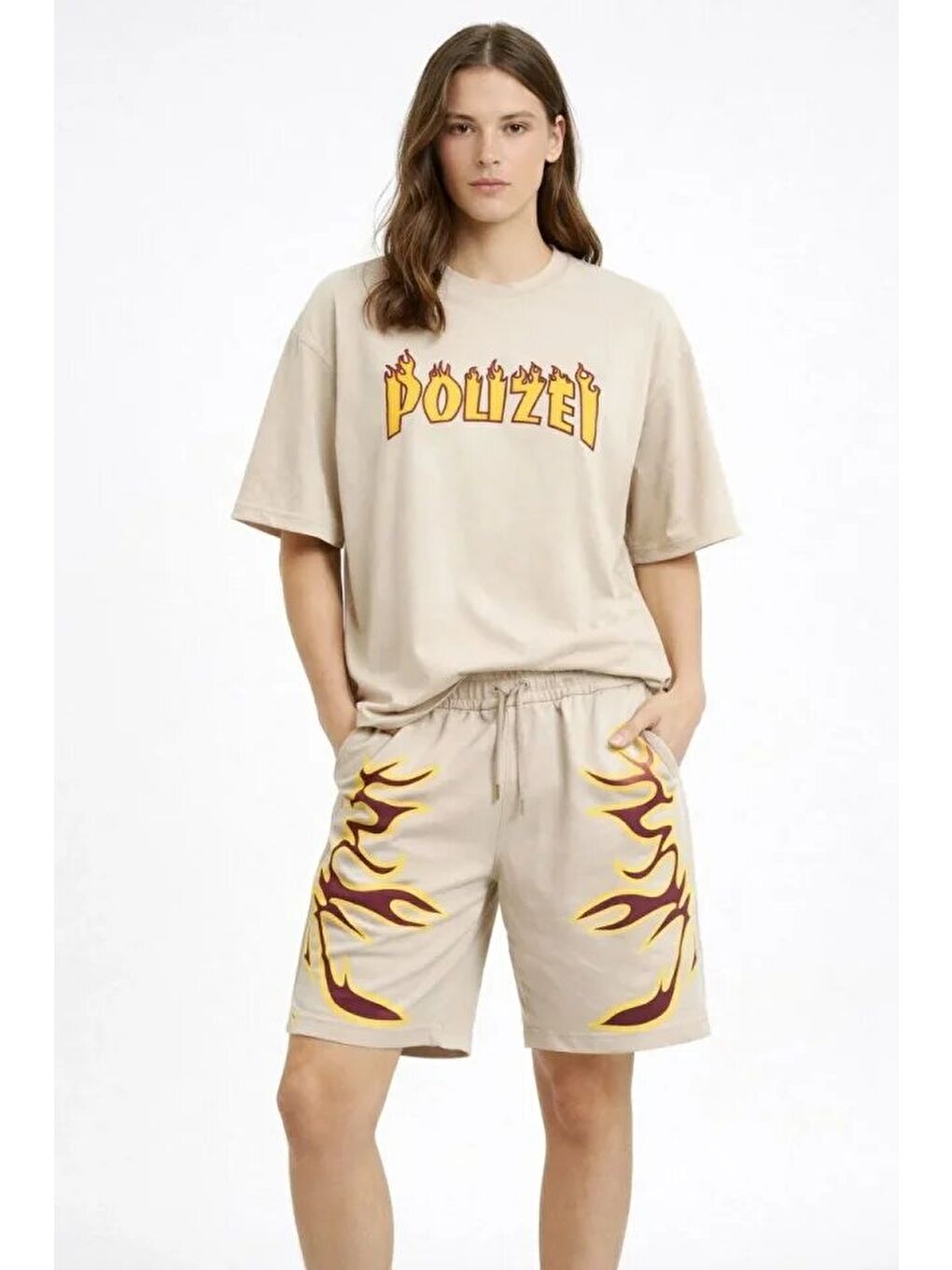 Bej Oversize Baskılı Tişört Şort Takım Cepli Şort Yazlık Rahat Günlük Kombin - Bej-2