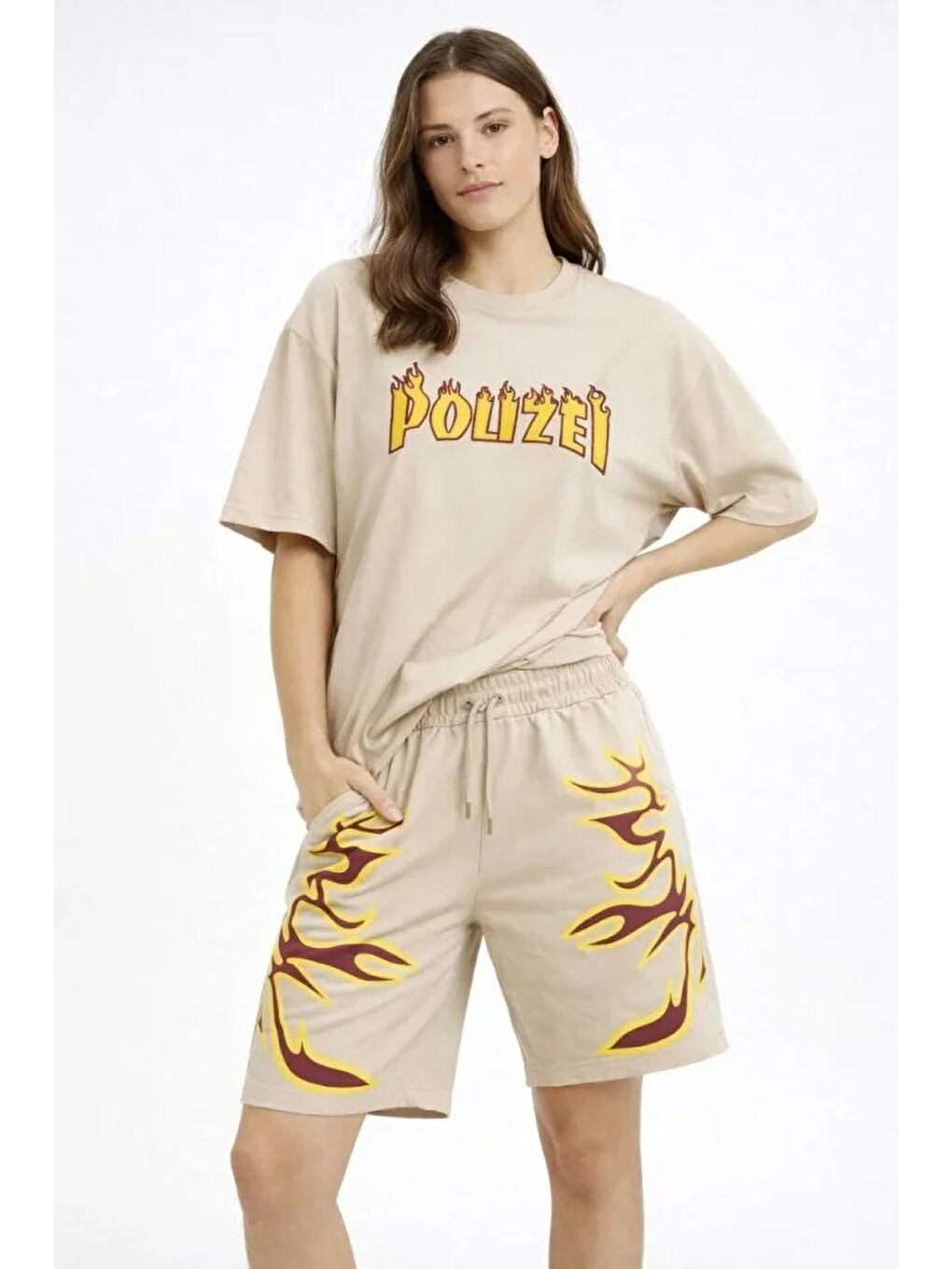 Bej Oversize Baskılı Tişört Şort Takım Cepli Şort Yazlık Rahat Günlük Kombin - Bej-3