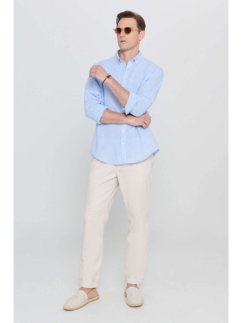 Erkek Mavi Comfort Fit Rahat Kesim Düğmeli Yaka Keten Gömlek-1