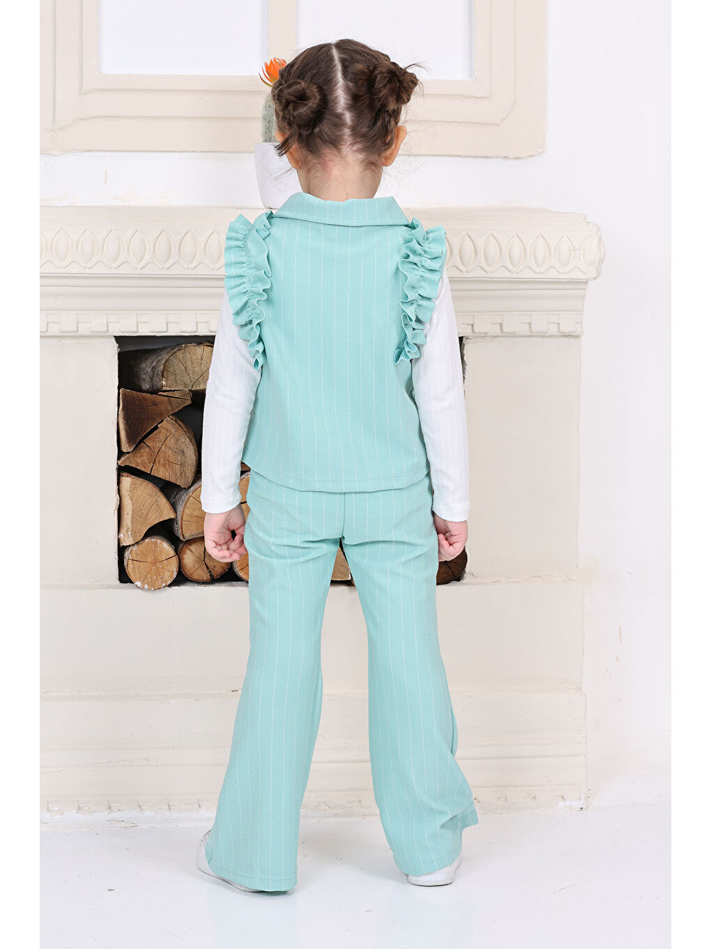 Yeşil Kız Çocuk Mint Kız Çocuk Çizgili Omuz Detay Düğmeli Yelek ve Salaş Pantolon Alt Üst Takım - 26819-3