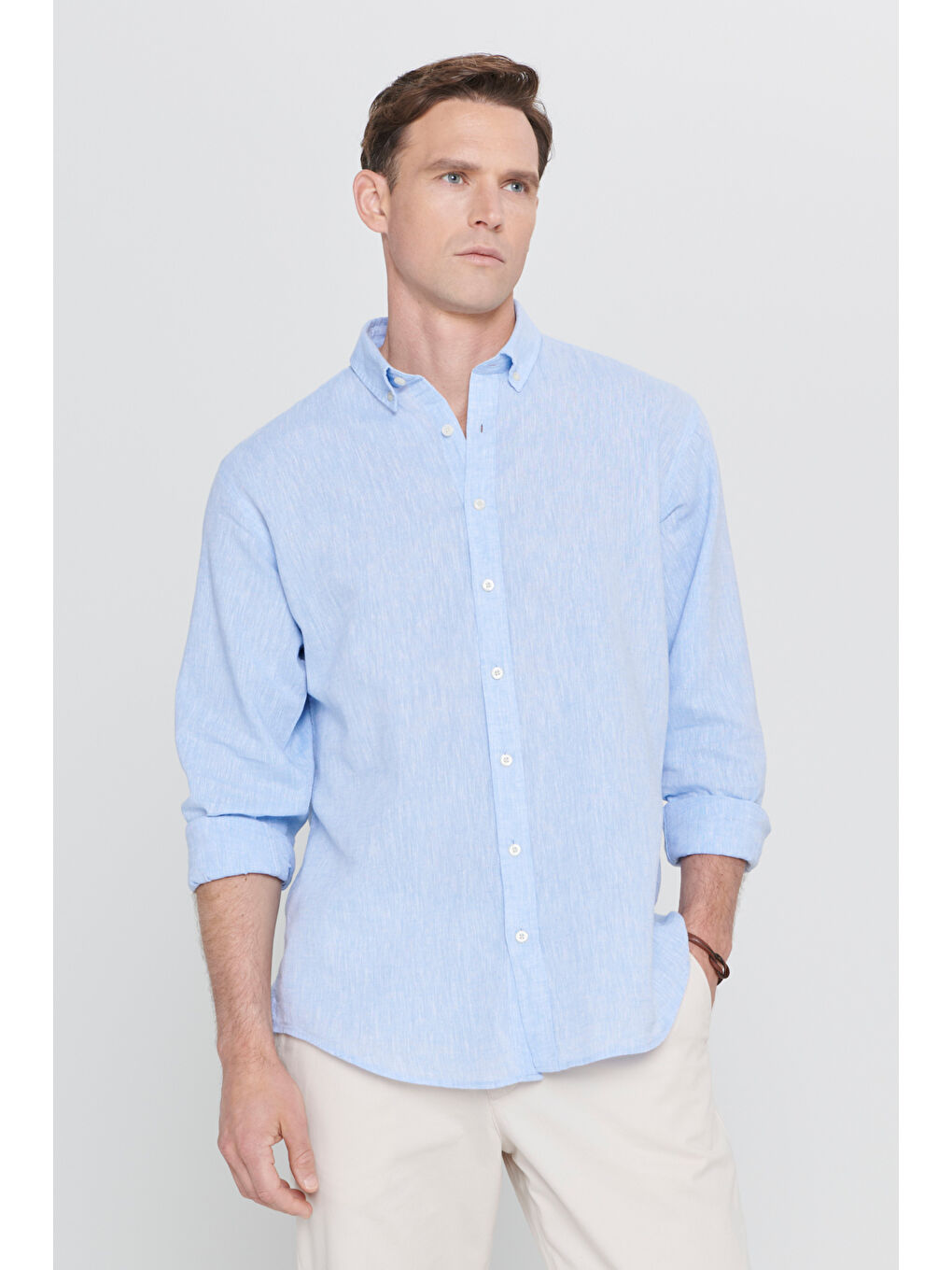 Erkek Mavi Comfort Fit Rahat Kesim Düğmeli Yaka Keten Gömlek-2
