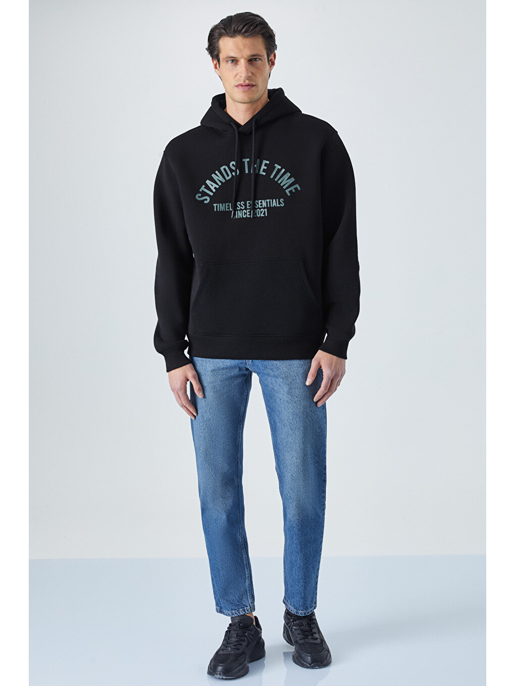 Wulf Erkek Organik Kumaşlı İçi Polarlı Yumuşacık Kanguru Cepli Kapüşonlu Siyah Sweatshirt-1