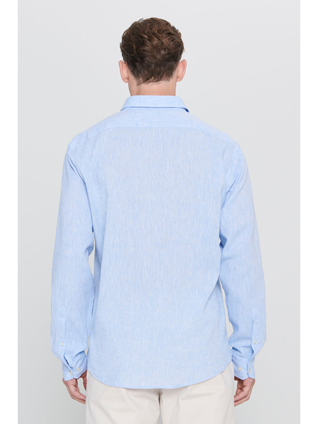 Erkek Mavi Comfort Fit Rahat Kesim Düğmeli Yaka Keten Gömlek-6