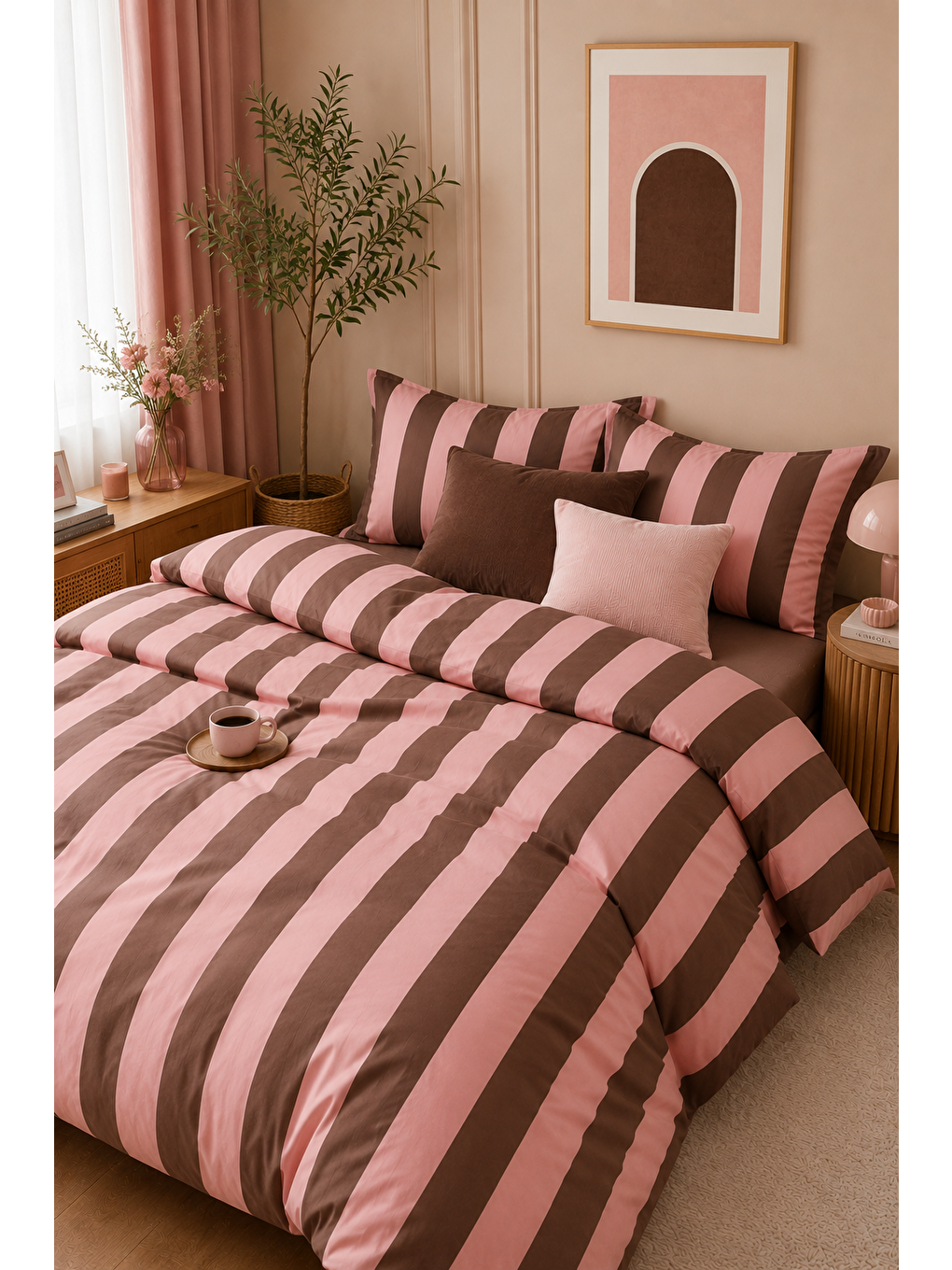 Kahverengi Çikolata Kahve Renkli Çizgili Nevresim Seti Modern Desenli 200x220 Çift Kişilik Yorgan Kılıfı-1