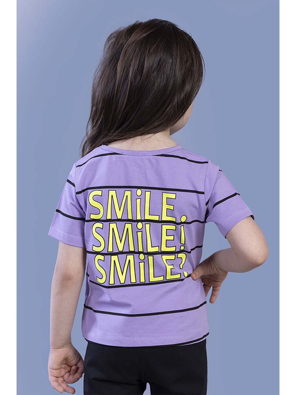 Lila Kız Çocuk Çizgli Kalp Baskılı Taş İşlemeli Tişört-1