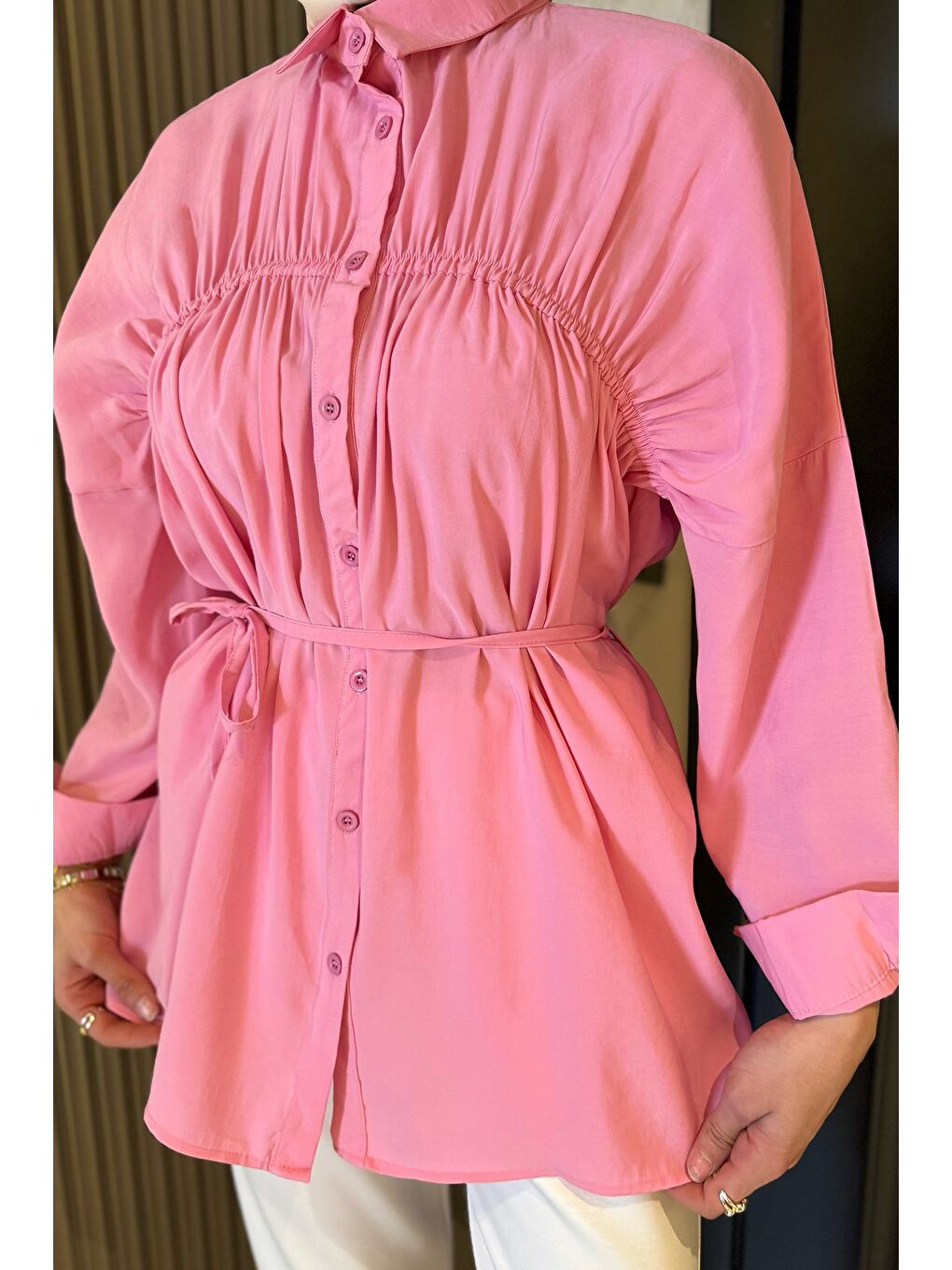 Pembe Kadın Ön Büzgü Detaylı Bel Bağlamalı Tesettür Tunik-5