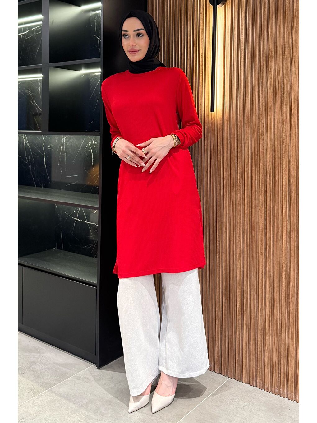 Kırmızı Kadın Bisiklet Yaka Yan Yırtmaç Detaylı Tesettür Tunik