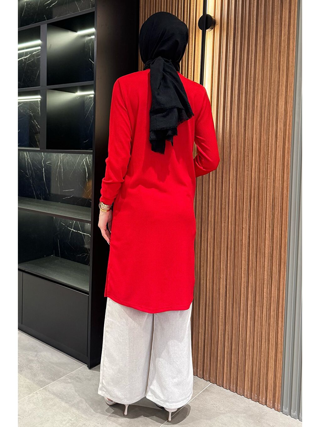 Kırmızı Kadın Bisiklet Yaka Yan Yırtmaç Detaylı Tesettür Tunik-6