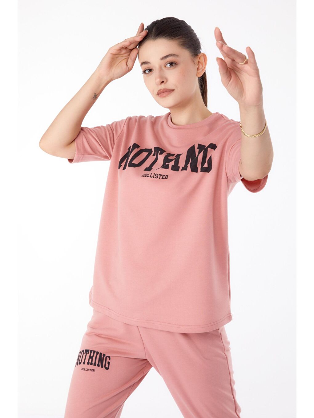 TOFİSA Pembe Düz Bisiklet Yaka Kadın Pembe T-shirt +Pantolon İkili Takım - 13199