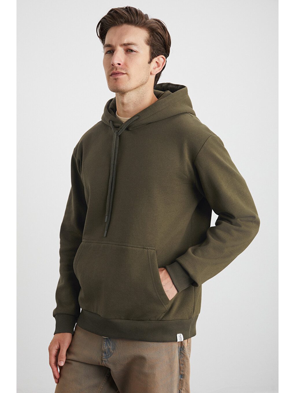 Yokohama Erkek Içi Polarlı Organik Pamuklu Regular Kanguru Cepli Kapüşonlu Haki Sweatshirt