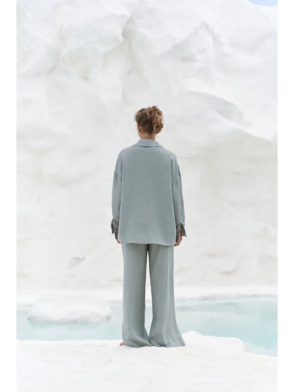 Yeşil Jelsomina Oversize Mint Keten Gömlek Pantolon Takım-1