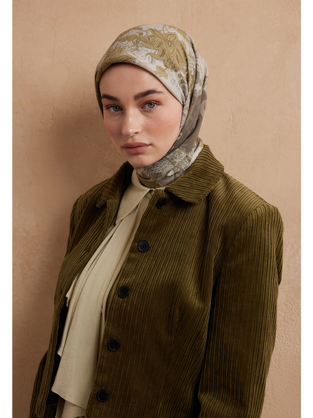 Sıenna Desen Pamuk İpek Eşarp Yağ Yeşili-2