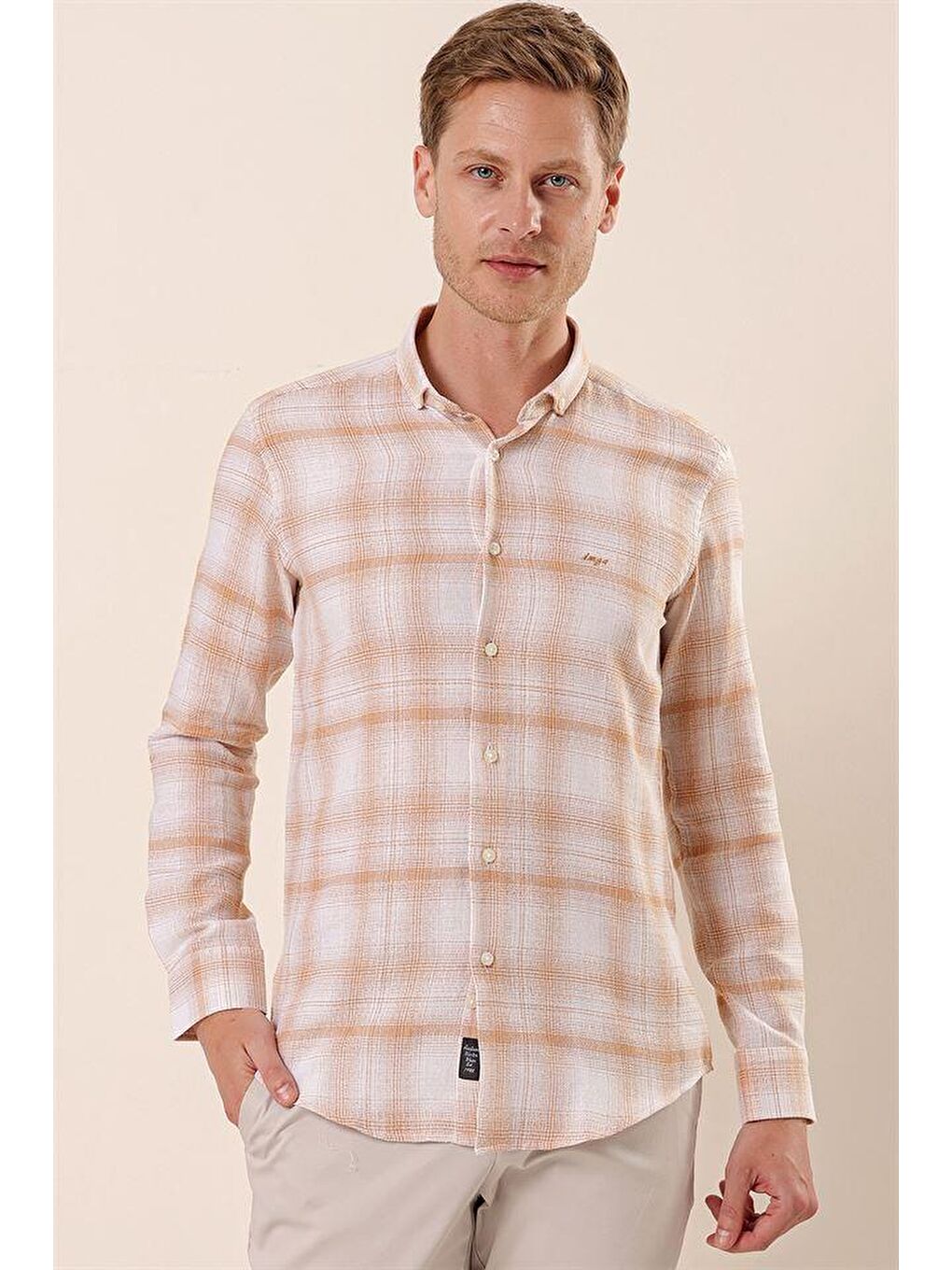 İMZA Bej Uzun Kollu Kareli Cepsiz %100 Pamuk Klasik Slim Fit Dar Kesim Gömlek 1004230176 - 2