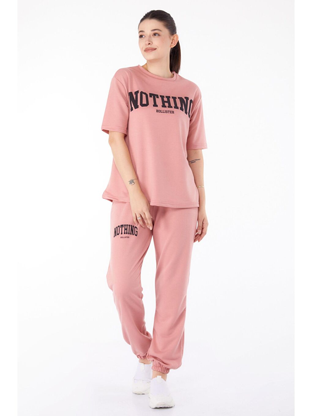 TOFİSA Pembe Düz Bisiklet Yaka Kadın Pembe T-shirt +Pantolon İkili Takım - 13199 - 1