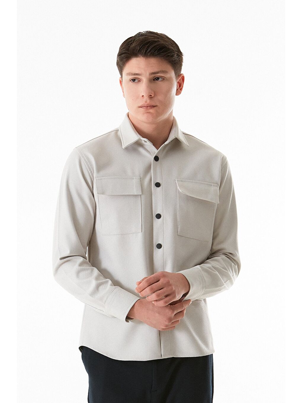 Bej Basic Çift Cepli Çıtçıtlı Gömlek-3