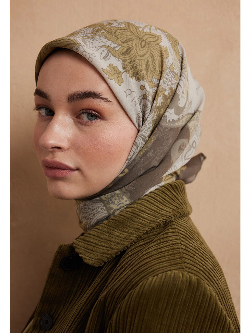 Sıenna Desen Pamuk İpek Eşarp Yağ Yeşili-3