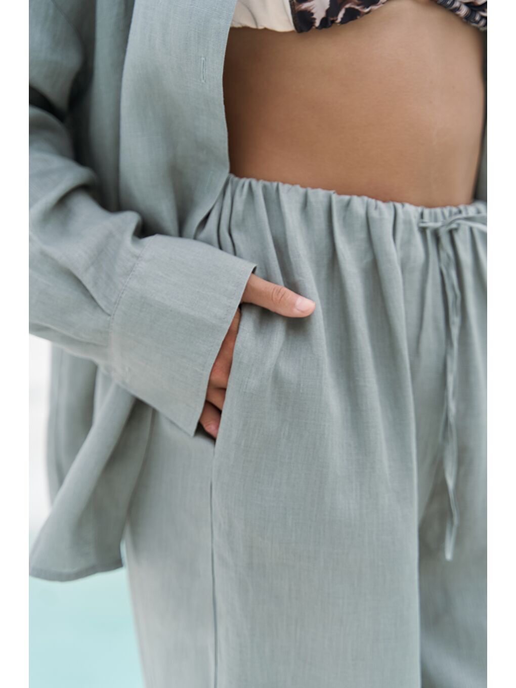 Yeşil Jelsomina Oversize Mint Keten Gömlek Pantolon Takım-2