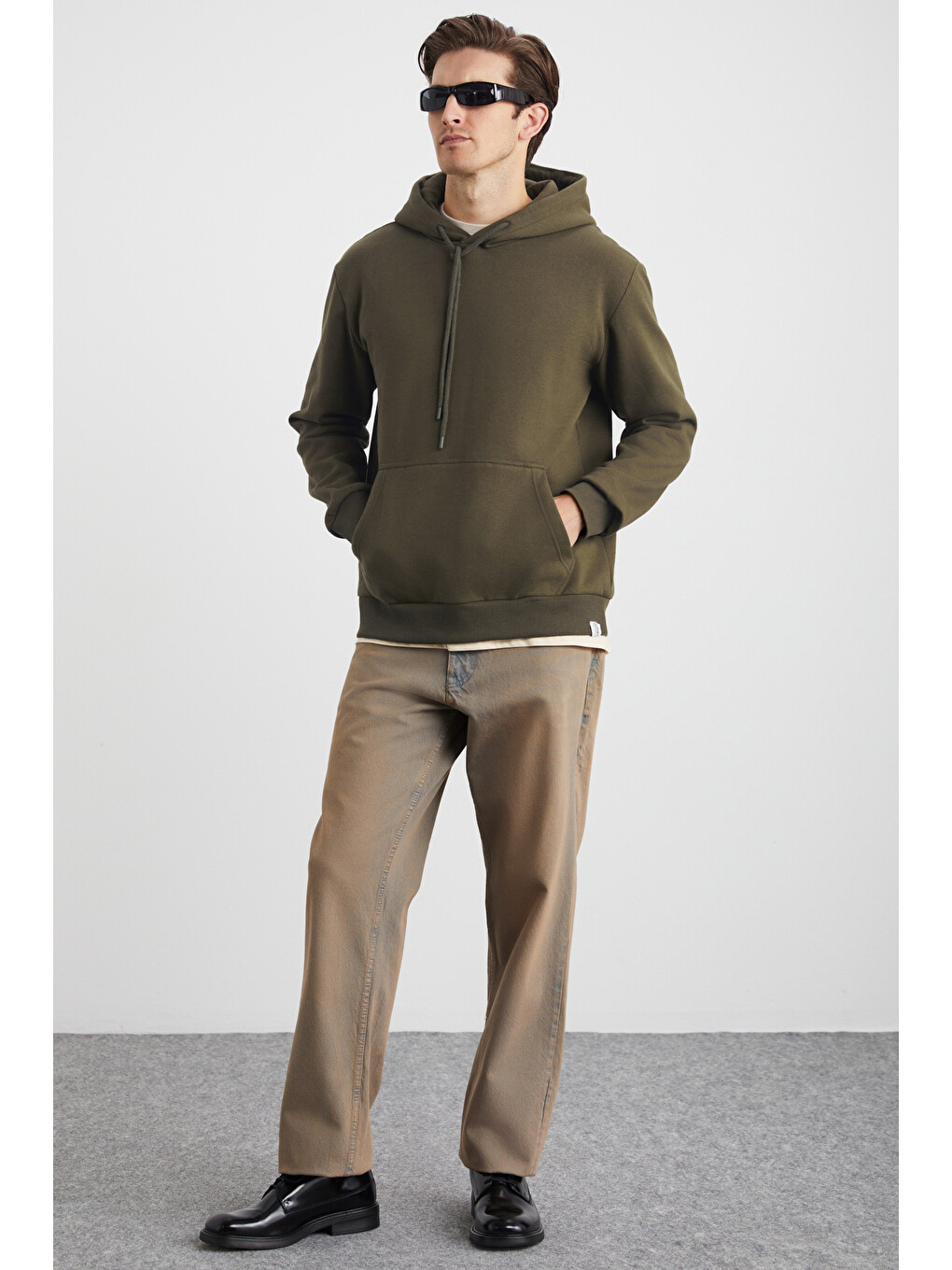 Yokohama Erkek Içi Polarlı Organik Pamuklu Regular Kanguru Cepli Kapüşonlu Haki Sweatshirt-1