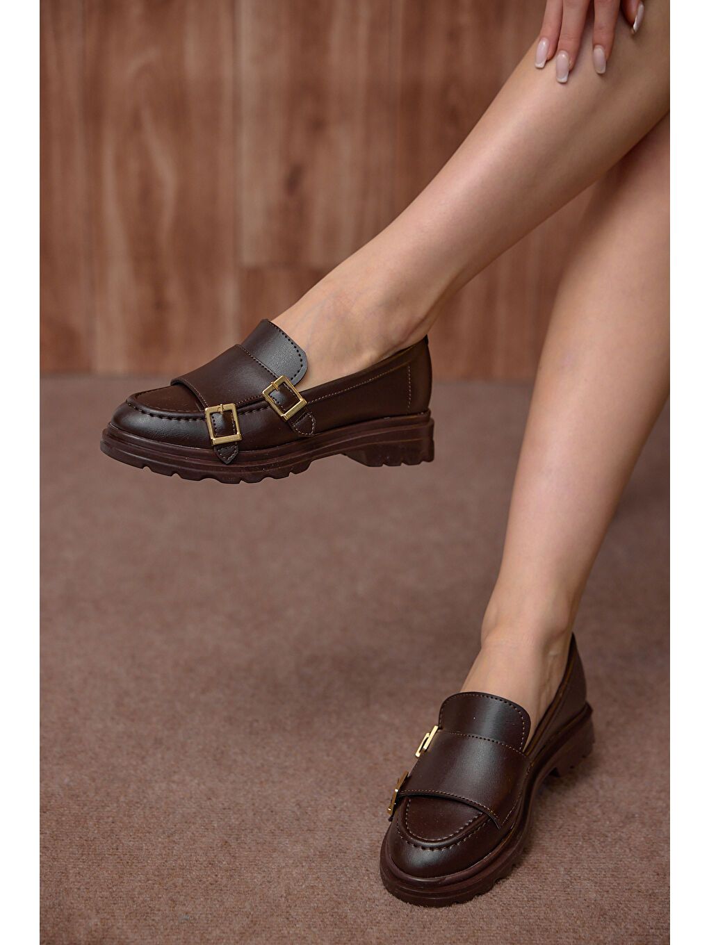 Kadın Bordo Kalın Poli Taban Çift Tokalı Günlük Loafer-1