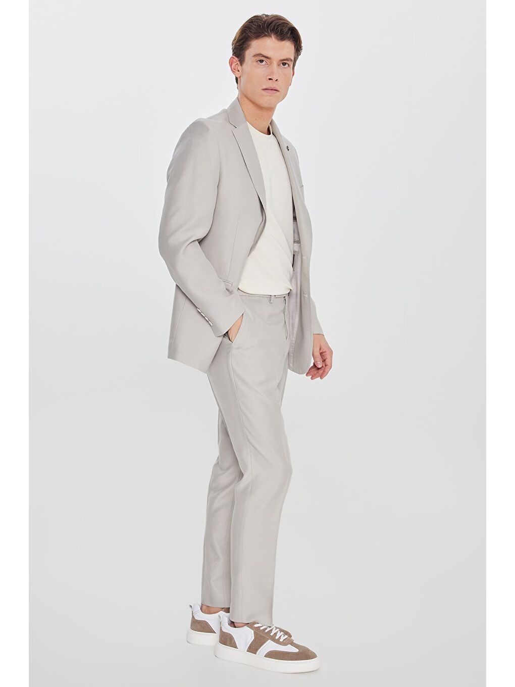 Bej Erkek Taş Slim Fit Dar Kesim Mono Yaka Desenli Kapak Cepli Takım Elbise