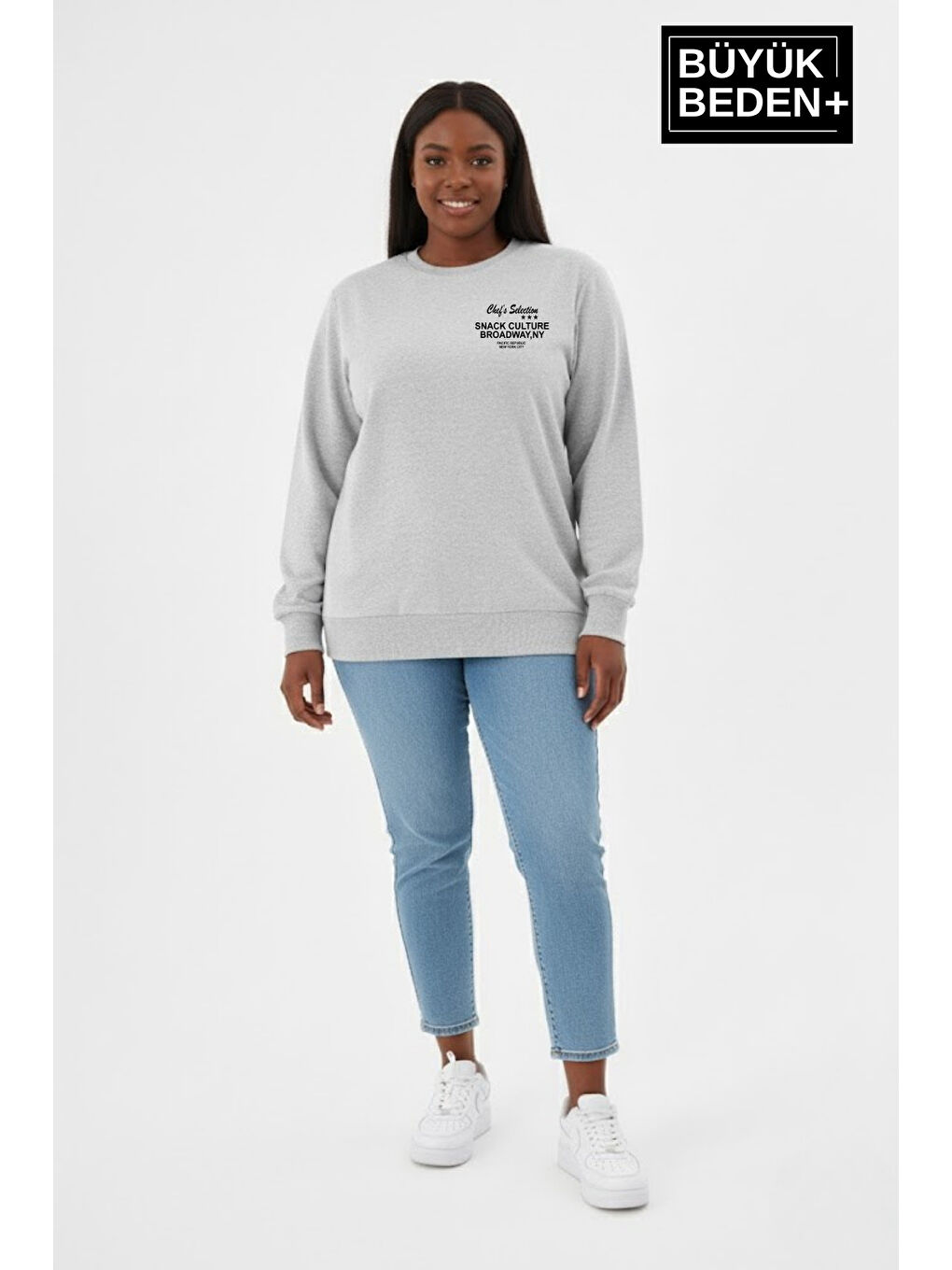 Gri Kadın Büyük Beden CHEF Baskılı Bisilet Yaka İnce Sweatshirt SPR26BSWK956-4