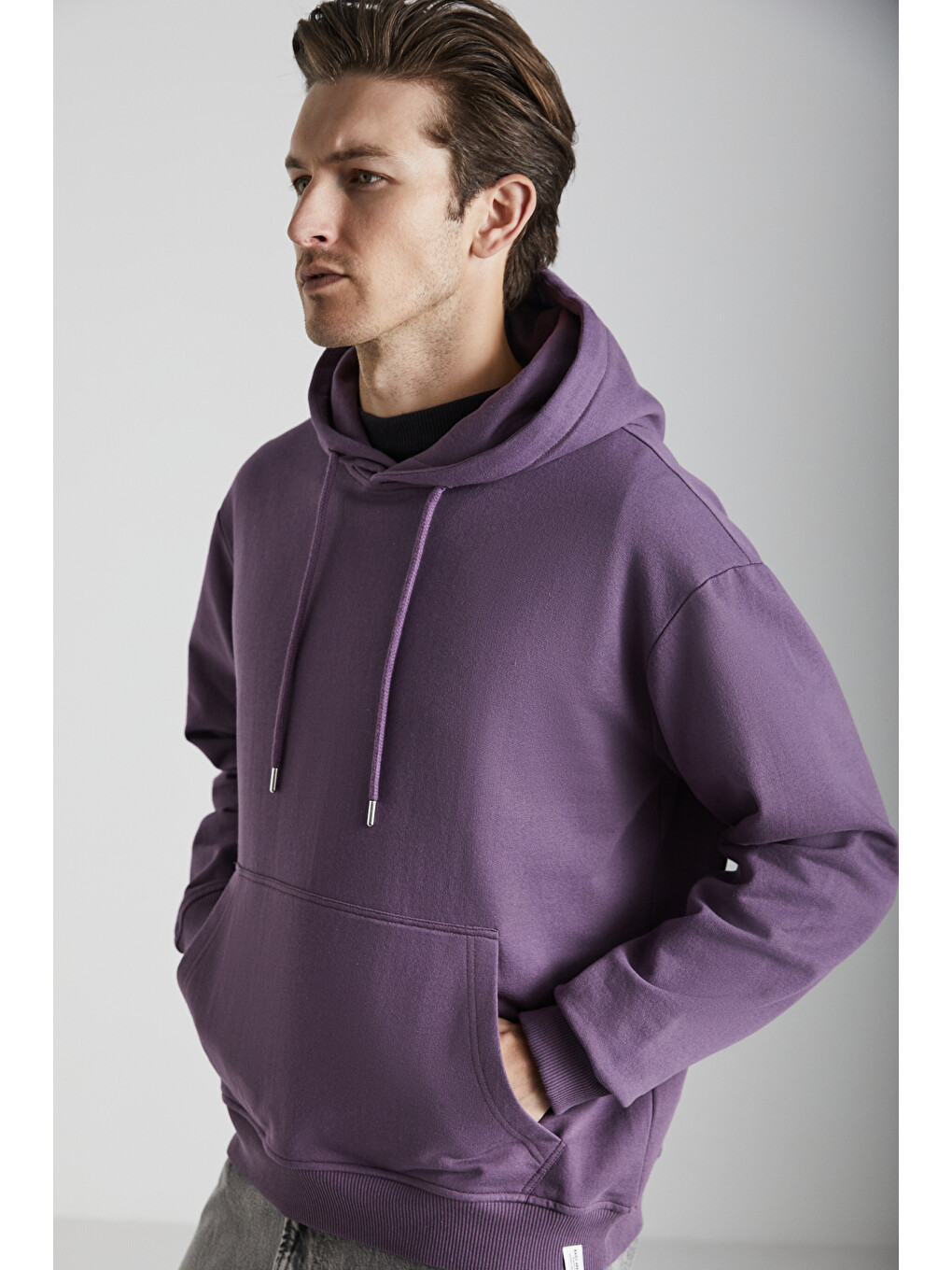 Erkek Içi Polarlı Organik Pamuklu Regular Kanguru Cepli Kapüşonlu Mor Sweatshirt