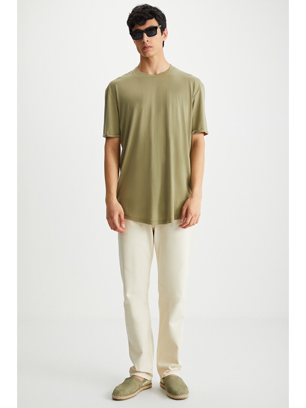 Haki OSCAR Erkek Comfort Fit Uzun Dökümlü Kumaş HAKİ T-Shirt-1