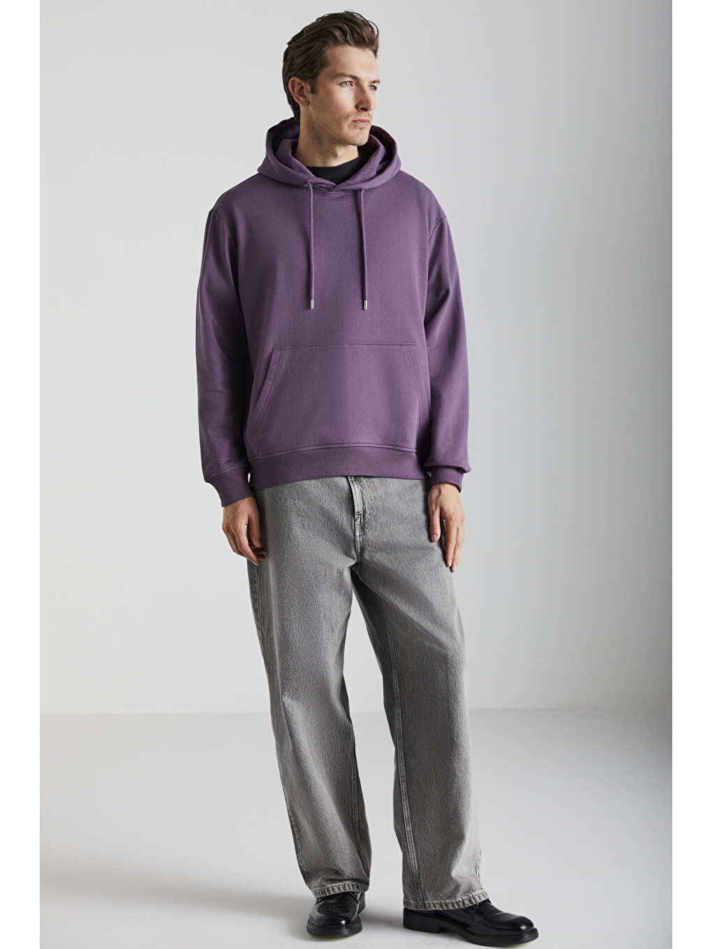 Erkek Içi Polarlı Organik Pamuklu Regular Kanguru Cepli Kapüşonlu Mor Sweatshirt-1