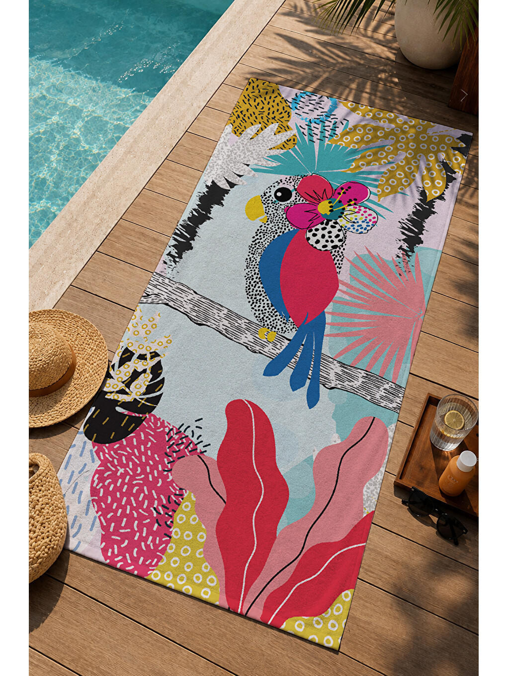 Pembe Renkli Tropikal Kuş Ve Çiçek Kolaj Desenli 70x150 Cm Dijital Baskılı Plaj Ve Banyo Havlusu-2