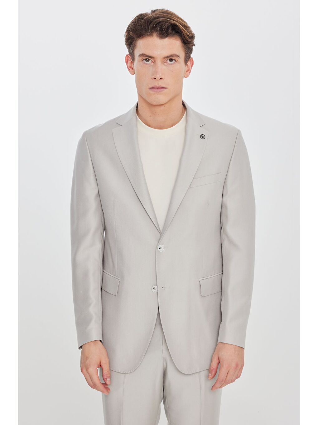 Bej Erkek Taş Slim Fit Dar Kesim Mono Yaka Desenli Kapak Cepli Takım Elbise-1