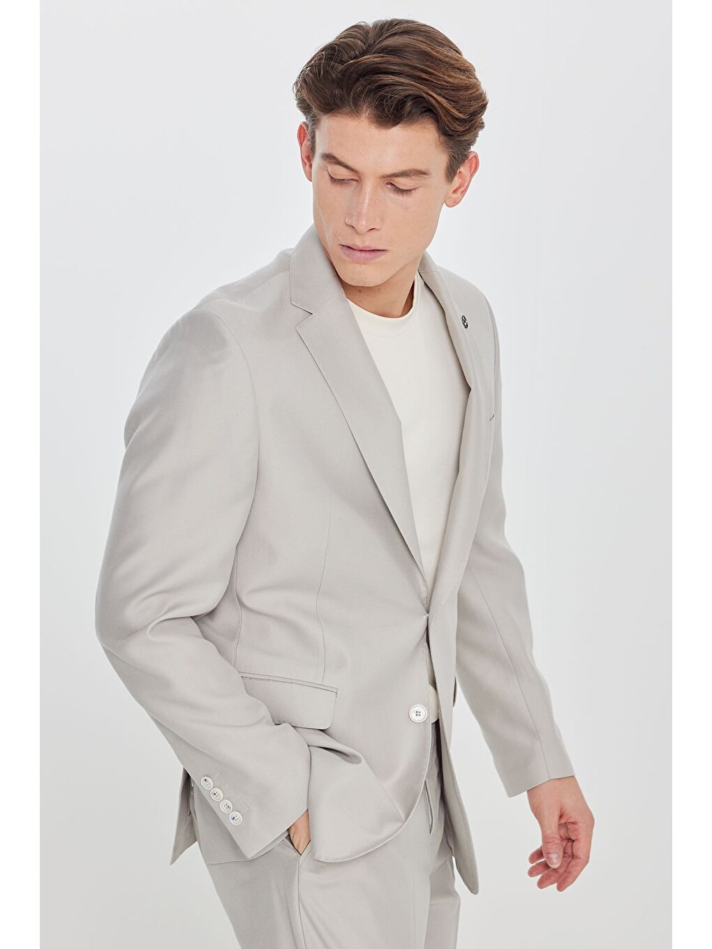 Bej Erkek Taş Slim Fit Dar Kesim Mono Yaka Desenli Kapak Cepli Takım Elbise-2