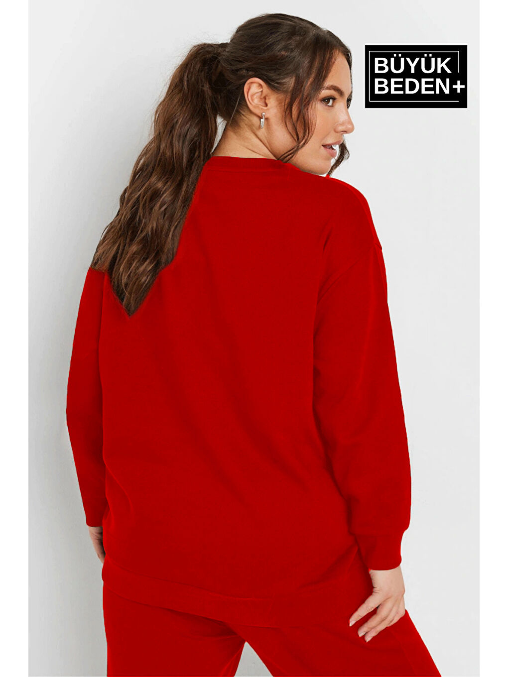 Süperlife Kırmızı Kadın Büyük Beden Bisiklet Yaka Sweatshirt SPR24BSWK56 - 1