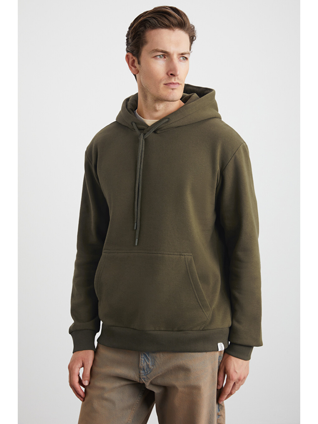 Yokohama Erkek Içi Polarlı Organik Pamuklu Regular Kanguru Cepli Kapüşonlu Haki Sweatshirt-2
