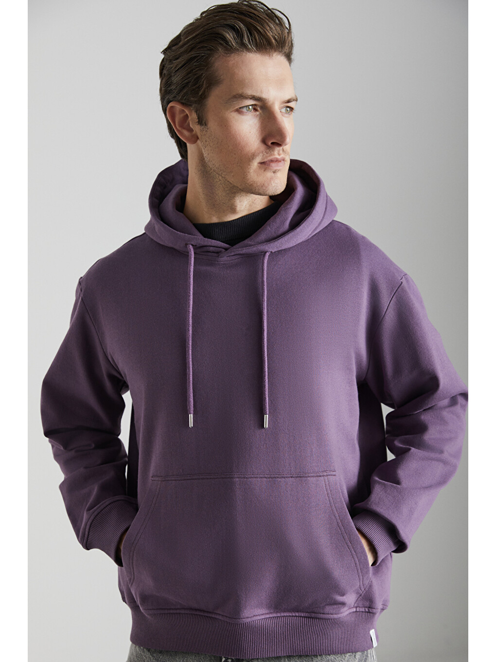 Erkek Içi Polarlı Organik Pamuklu Regular Kanguru Cepli Kapüşonlu Mor Sweatshirt-2