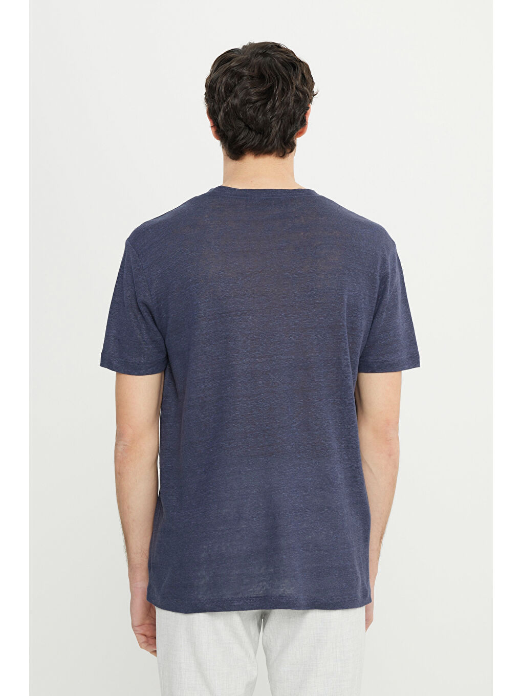 Erkek Lacivert %100 Keten Slim Fit Dar Kesim Bisiklet Yaka Tişört-4