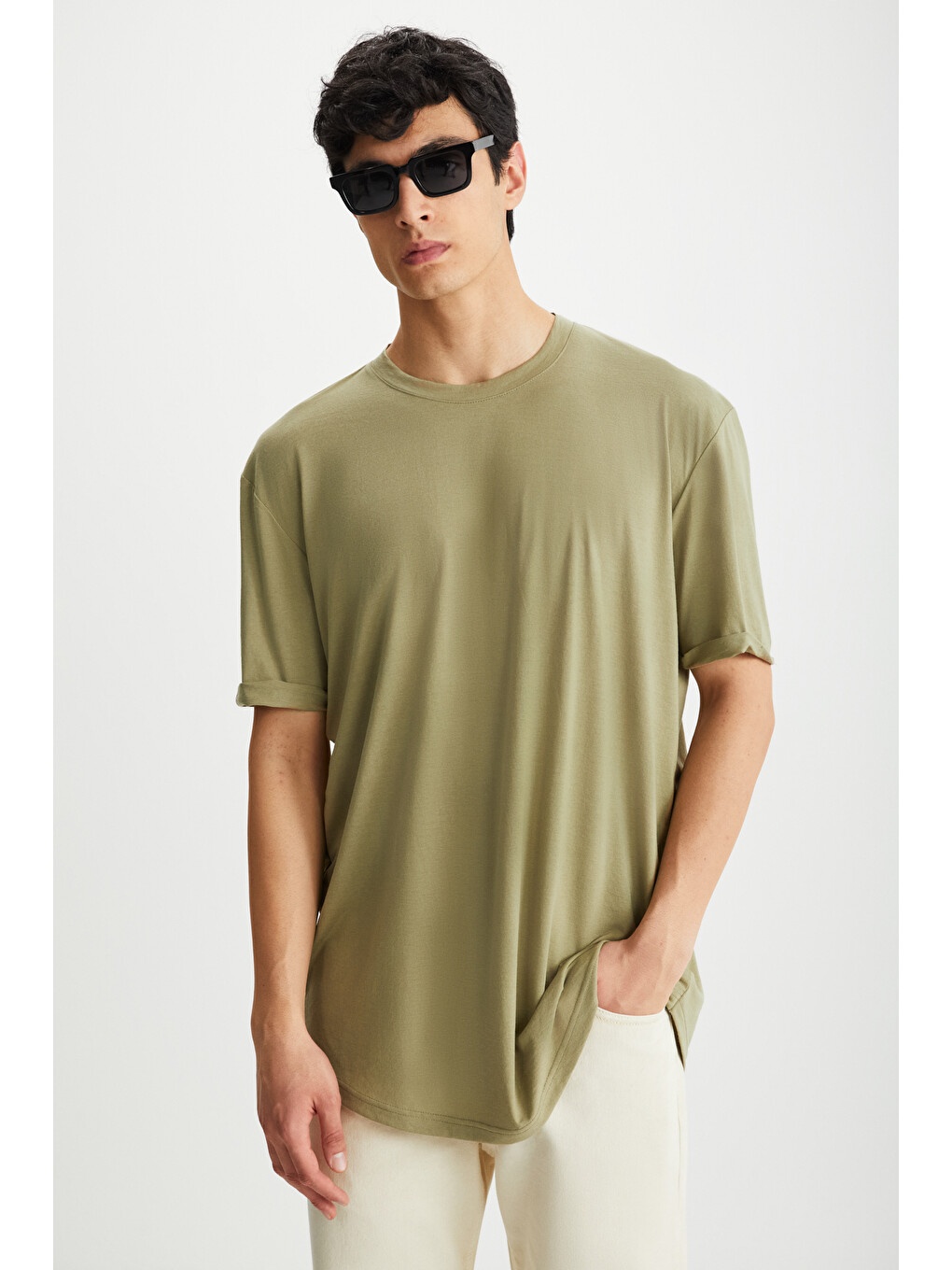 Haki OSCAR Erkek Comfort Fit Uzun Dökümlü Kumaş HAKİ T-Shirt-2