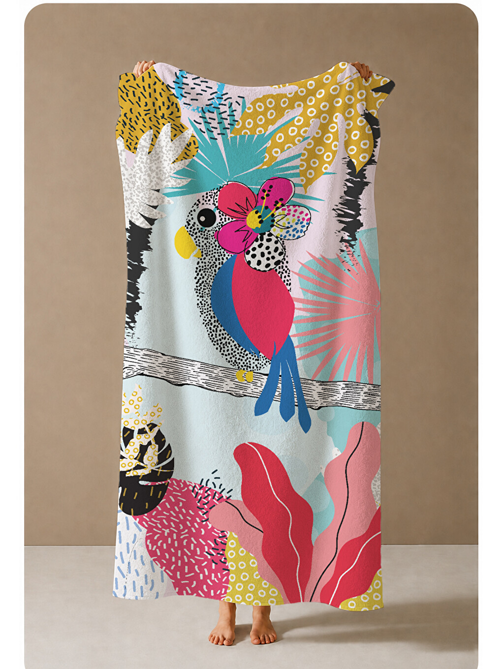 Pembe Renkli Tropikal Kuş Ve Çiçek Kolaj Desenli 70x150 Cm Dijital Baskılı Plaj Ve Banyo Havlusu-3