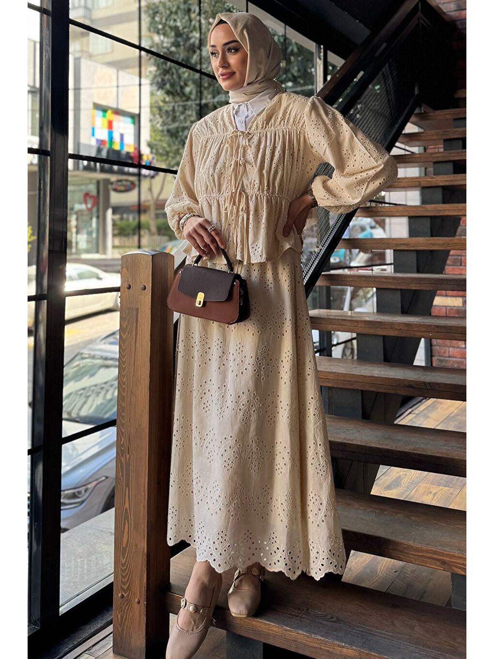 Bej Kadın Ön Bağlamalı Fistolu Bluz Etek Tesettür İkili Takım-3