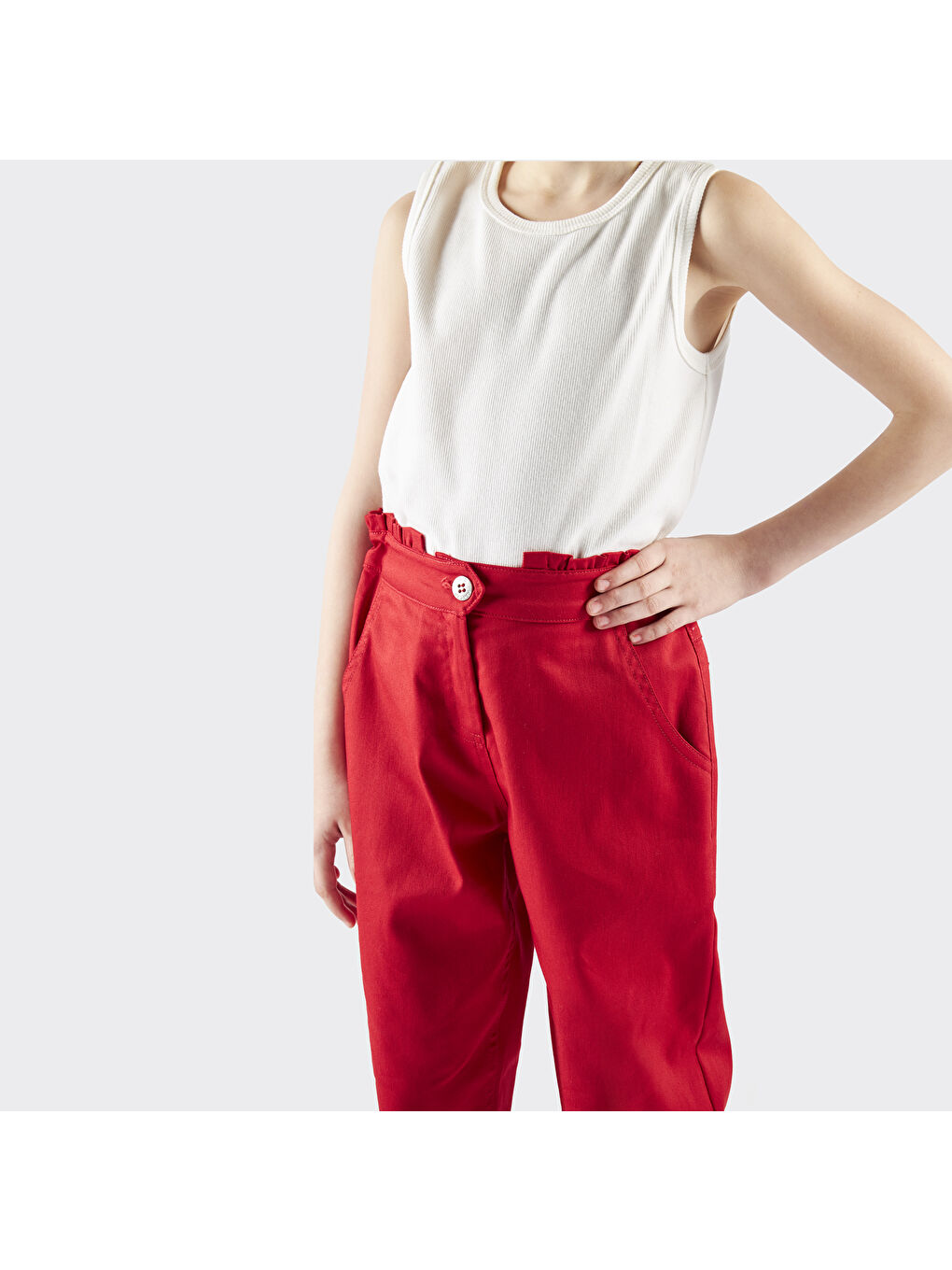 Kırmızı Kız Çocuk Kemeri Fırfır Detaylı Pantolon-2