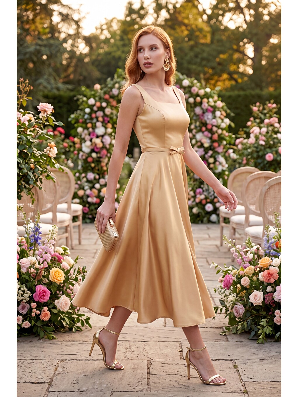 Sarı Kadın Gold Kare Yaka Kemerli Midi Söz Nişan Elbisesi-4